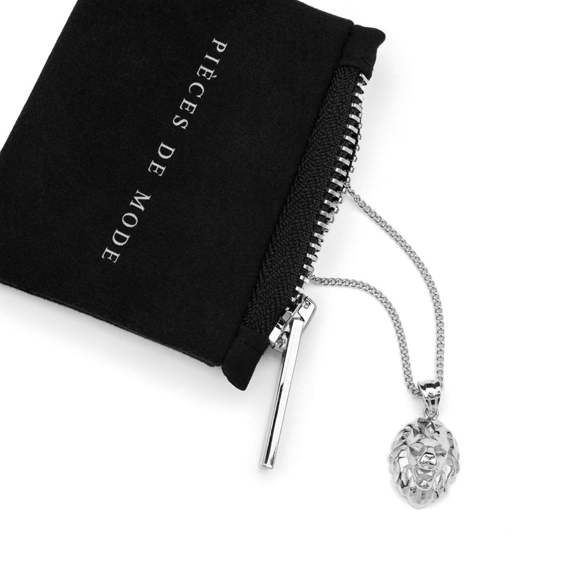 Geometric Lion Pendant Necklace - Silver
